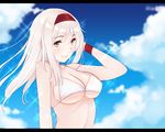  bikini breasts brown_eyes cleavage cloud collarbone day hair_between_eyes hairband hand_behind_head kantai_collection kiyomin large_breasts letterboxed long_hair red_hairband shoukaku_(kantai_collection) smile solo swimsuit underboob upper_body white_bikini white_hair wristband 