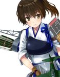  arrow asymmetrical_hair blue_ribbon brown_eyes brown_gloves brown_hair closed_mouth collarbone fletches flight_deck gloves hair_tie japanese_clothes kaga_(kantai_collection) kantai_collection kimono looking_at_viewer muneate plant quiver ribbon short_sleeves side_ponytail simple_background smile solo white_background yone 