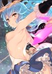  animal_ears armpits backless_outfit bare_back bare_shoulders blue_hair blue_skirt breasts bunny_ears cape earrings erune ferry_(granblue_fantasy) from_behind granblue_fantasy jewelry long_hair looking_at_viewer medium_breasts miniskirt open_mouth outstretched_arms sideboob single_earring skirt solo tatami_to_hinoki upper_body wavy_hair yellow_eyes 