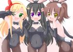  3girls :d :o ;d animal_ears arm_up backless_outfit bangs bare_shoulders black_gloves black_hair black_leotard black_neckwear blonde_hair bow bowtie brown_background brown_hair brown_legwear bunny_ears bunny_girl bunny_tail bunnysuit collar commentary_request covered_navel detached_collar elbow_gloves eyebrows_visible_through_hair flat_chest flower gloves gradient gradient_background green_eyes hair_between_eyes hair_flower hair_ornament hair_ribbon hairband hand_holding himesaka_noa hoshino_hinata interlocked_fingers kanijiru konomori_kanon leotard multiple_girls one_eye_closed one_side_up open_mouth pantyhose pink_flower purple_eyes red_hairband red_ribbon ribbon smile strapless strapless_leotard tail v_over_eye watashi_ni_tenshi_ga_maiorita! white_background white_collar white_ribbon yellow_eyes 