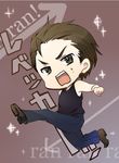  1boy billy_coen brown_eyes brown_hair chibi engrish frown full_body jeans male_focus open_mouth piko_(gomoku) resident_evil resident_evil_0 simple_background sleeveless sleeveless_shirt solo sweatdrop tank_top 
