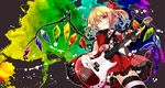  ;q ascot bass_guitar blonde_hair bow cross-laced_clothes flandre_scarlet from_below hair_bow highres instrument kuro_(pixiv213382) no_hat no_headwear one_eye_closed red_eyes side_ponytail skirt skirt_set solo striped striped_legwear thighhighs tongue tongue_out touhou wings 