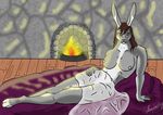  bed bed_sheet bedding breasts feet fire hair invalid_tag lagomorph lighting mammal nails rabbit silk stone+wall thunderstag wood+floor 