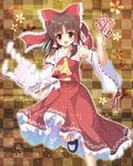  1girl :d bare_shoulders bow brown_eyes brown_hair checkered checkered_background detached_sleeves gohei hair_bow hair_tubes hakurei_reimu ofuda open_mouth smile solo touhou 