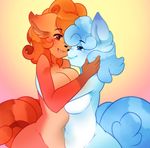  2016 alolan_vulpix anthro big_breasts black_nose blue_fur blue_hair breasts brown_fur canine duo female female/female fox fur hair kissurai mammal multi_tail multicolored_fur nintendo nude open_mouth pok&eacute;mon raikissu red_hair video_games vulpix white_fur 