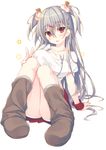  :p blush flower food grey_hair hair_ornament hairclip highres ice_cream long_hair looking_at_viewer loose_socks miko_92 original red_eyes sitting socks solo tongue tongue_out two_side_up 