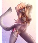  2016 anthro areola armpits breasts cat eyewear feline female glasses green_eyes looking_at_viewer mammal midriff navel nipples pussy sex_toy simple_background solo standing tlt_echelon vibrator wide_hips 