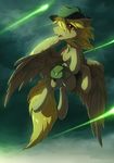  blonde_hair equine fallout_equestria fan_character feathered_wings feathers feral flying fur hair hat hioshiru hooves male mammal my_little_pony open_mouth outside pegasus sky solo tan_feathers tan_fur teeth tongue wings 