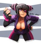  bent_over black_hair bodysuit breasts center_opening character_name cleavage cropped_legs drill_hair eyepatch fingerless_gloves gloves han_juri hand_on_hip lips medium_breasts no_bra print_eyepatch purple_eyes reaching_out solo street_fighter street_fighter_v twin_drills upper_body whistle_frog 