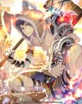  animal_hood armor artist_name barefoot blue_eyes bracer brown_hair building c.seryl facial_mark hammer holding holding_weapon hood looking_at_viewer male_focus official_art outdoors over_shoulder shoulder_armor solo squatting sunlight tattoo tenkuu_no_crystalia watermark weapon 