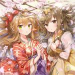  2girls :o bangs blush bow braid breasts brown_eyes brown_hair cherry_blossoms eyebrows_visible_through_hair floral_print flower girls_frontline green_eyes hair_bow hair_ornament japanese_clothes k-2_(girls_frontline) kimono long_hair long_sleeves looking_at_viewer medium_breasts melings_(aot2846) multiple_girls obi own_hands_together parted_lips petals print_kimono red_bow red_kimono rfb_(girls_frontline) sash sidelocks striped striped_kimono tree_branch wide_sleeves 