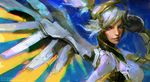  blonde_hair blue_eyes bodysuit commentary high_ponytail james_ghio lips long_hair mechanical_halo mechanical_wings mercy_(overwatch) nose overwatch ponytail portrait solo wings yellow_wings 