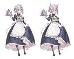  alternate_costume animal_ears apron bespectacled black_legwear blue_eyes bow braid breasts cleavage cleavage_cutout cup dog_ears glasses hair_bow izayoi_sakuya juliet_sleeves kemonomimi_mode large_breasts long_sleeves looking_at_viewer maid maid_apron maid_headdress mio-muo1206 pantyhose petticoat puffy_sleeves silver_hair simple_background solo teacup teapot touhou tray twin_braids underbust waist_apron white_background 