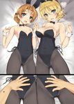  2girls animal_ears armpits bare_shoulders bed bed_sheet black_bow black_legwear black_leotard black_neckwear blonde_hair blue_eyes bow bowtie braid breasts breath bunny_ears bunny_girl bunnysuit cleavage collarbone comic darjeeling from_above girls_und_panzer groin hair_bow hand_on_another's_stomach heavy_breathing hetero holding_hands large_breasts leotard lying multiple_girls on_back on_bed orange_hair orange_pekoe out_of_frame pantyhose pov pov_hands short_hair small_breasts strapless strapless_leotard tsurusaki_takahiro wrist_cuffs 
