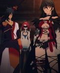  1boy 2girls bandage black_hair breasts brown_eyes cleavage collar long_hair looking_at_viewer multiple_girls red_hair tales_of_(series) tales_of_berseria underboob velvet_crowe yellow_eyes 