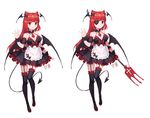  alternate_costume apron bare_shoulders black_legwear blush bow breasts cleavage demon_tail demon_wings detached_sleeves dress eyepatch garter_straps hair_bow head_wings koakuma long_hair looking_at_viewer medium_breasts miniskirt mio-muo1206 necktie polearm red_eyes red_hair red_neckwear simple_background skirt solo tail thighhighs touhou trident waist_apron weapon white_background wings zettai_ryouiki 