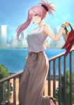  1girl alternate_costume bag bangs blue_eyes blue_sky blush breasts casual cityscape contemporary earrings fate/grand_order fate_(series) grey_pants hair_ornament high_heels highres jewelry large_breasts long_hair looking_at_viewer mashu_003 miyamoto_musashi_(fate/grand_order) outdoors pants pink_hair ponytail railing shirt sky sleeveless smile solo swept_bangs tree white_shirt 