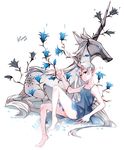  2015 arm_support artist_name dated elf flower kuma_(bloodycolor) long_hair pointy_ears rwby scar scar_across_eye silver_eyes silver_hair solo thighs unicorn weiss_schnee white_background 