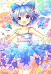  :d adapted_costume ahoge blue_eyes blue_hair bow cirno collarbone hair_bow hair_ornament ice ice_wings leg_lift open_mouth outstretched_arms pjrmhm_coa smile snowflake_print solo star star_hair_ornament starfish_hair_ornament strap_slip touhou wings 