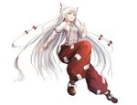  absurdres bow collared_shirt commentary_request fujiwara_no_mokou full_body hair_bow highres homo_1121 long_hair long_sleeves looking_at_viewer ofuda red_bow shirt shoes silver_hair simple_background solo suspenders touhou underwear very_long_hair white_background white_bow white_shirt 