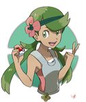  dark_skin flower green_eyes green_hair hair_flower hair_ornament highres holding holding_poke_ball kuruto. long_hair mao_(pokemon) open_mouth poke_ball poke_ball_(generic) pokemon pokemon_(game) pokemon_sm signature simple_background solo sugimori_ken_(style) trial_captain twintails upper_body white_background 