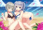  beach bikini blue_eyes blurry breasts cloud cloudy_sky day depth_of_field eyes_visible_through_hair flower hair_ornament hair_over_one_eye hairclip hamakaze_(kantai_collection) harimoji horizon kantai_collection kashima_(kantai_collection) large_breasts multiple_girls outdoors petals shore silver_hair sky sparkle swimsuit twintails wavy_hair 