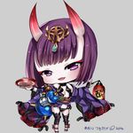  alcohol aoi_tsukikage bangs blunt_bangs chibi cup fangs fate/grand_order fate_(series) hair_ornament horns japanese_clothes makeup mascara oni oni_horns ribbon sakazuki sake short_hair shuten_douji_(fate/grand_order) solo 