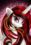  black_hair crazyaniknowit ear_piercing equine eyebrows eyelashes fan_character female feral fur hair horn looking_at_viewer mammal my_little_pony piercing red_eyes red_hair solo white_fur winged_unicorn wings 