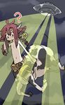  1girl :&lt; ? animal_ears belt centauroid cow cow_bell ear_tag flat_chest horns monster_girl navel original outdoors tomatojam topless ufo 