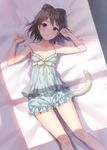  bare_shoulders bed_sheet black_eyes bloomers blush brown_hair camisole cat_tail collarbone frills fukahire_(ruinon) looking_at_viewer lying off_shoulder on_back open_mouth original solo strap_slip tail underwear 