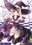  2016 :o adjusting_clothes adjusting_hat bangs black_footwear black_legwear blonde_hair blush boots bow breasts brown_eyes capelet checkered checkered_floor cleavage collarbone djeeta_(granblue_fantasy) dress frilled_gloves frilled_sleeves frills gloves granblue_fantasy hair_between_eyes hat highres ikegami_akane kneeling looking_at_viewer medium_breasts open_mouth outline pleated_dress puffy_short_sleeves puffy_sleeves purple_bow purple_hat sailor_collar sash short_dress short_hair short_sleeves showgirl_skirt solo star starry_background thigh_boots thighhighs warlock_(granblue_fantasy) white_dress white_gloves wizard_hat 