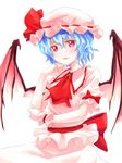  ascot bad_id bad_pixiv_id bat_wings blue_hair blush bow brooch commentary_request frilled_shirt_collar frills hat hat_ribbon highres jewelry looking_at_viewer mappe_(778exceed) mob_cap parted_lips pink_eyes pink_shirt pink_skirt puffy_short_sleeves puffy_sleeves red_bow red_ribbon remilia_scarlet ribbon sash shirt short_hair short_sleeves skirt skirt_set smile solo touhou upper_body wings wrist_cuffs 