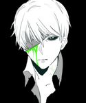  bandage_over_one_eye bandages black_background black_sclera blood close-up danganronpa danganronpa_3 green_blood limited_palette male_focus munakata_kyousuke protected_link simple_background solo spoilers tarareba_(rurururarara02) veins 