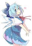  :o absurdres blue_eyes blue_hair bow cirno commentary_request hair_bow highres ice ice_wings looking_at_viewer neck_ribbon ribbon shisakugata short_hair solo touhou white_background wings 