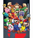  blue_eyes blue_overalls captain_falcon clenched_teeth commentary dinosaur donkey_kong donkey_kong_(series) f-zero facial_hair fox_mccloud gen_1_pokemon green_eyes green_hat green_shirt hat holding holding_sword holding_weapon jigglypuff kirby kirby_(series) left-handed link luigi mario mario_(series) matt_herms metroid mother_(game) mother_2 mustache ness open_mouth overalls pikachu pokemon pokemon_(creature) samus_aran shield shirt shoes smile spikes star_fox super_mario_bros. super_smash_bros. sword teeth the_legend_of_zelda weapon yoshi 