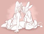  2015 abstract_background big_breasts breasts cervine clothed clothing deer female iko kissing lagomorph mammal monochrome panties ponytail rabbit shorts underwear 