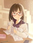  brown_eyes brown_hair classroom closed_mouth desk glasses highres holding holding_paper indoors long_hair long_sleeves looking_at_viewer minamito number original paper pencil red-framed_eyewear school_desk school_uniform shirt sitting solo tears test white_shirt 