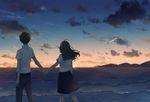  1girl bird blue_skirt brown_hair cloud flock from_behind highres holding_hands long_hair original outdoors pants pleated_skirt school_uniform serafuku shirt short_hair short_sleeves skirt sky standing sunset utakata_(s_sw) water white_shirt wind 