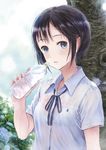  black_hair blue_eyes blush bottle bra breasts commentary_request fujita_hidetoshi looking_at_viewer open_mouth original school_uniform see-through shirt short_hair small_breasts solo underwear water_bottle wet wet_clothes white_bra white_shirt 