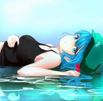  armpit_peek bare_shoulders blue_eyes blue_hair breasts commentary_request from_side green_hat hair_bobbles hair_ornament hat highres homo_1121 kawashiro_nitori large_breasts looking_at_viewer lying lying_on_water on_back parted_lips partially_submerged short_hair solo tank_top touhou two_side_up water 