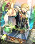 artist_name blonde_hair blue_eyes c.seryl cape crystal_ball desk dutch_angle indoors looking_at_viewer male_focus medal official_art open_mouth paper_stack pointing solo standing tenkuu_no_crystalia watermark weapon_request 