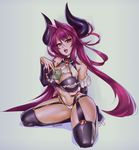  bare_shoulders between_breasts black_legwear blue_eyes borrowed_character breasts collaboration colorized commentary demon_horns detached_sleeves eu03 garter_straps horns kneeling large_breasts long_hair looking_at_viewer lyn_(shunao) midriff money money_hold navel open_mouth original pink_hair seiza sitting solo thighhighs thighs tsunoko twintails very_long_hair 
