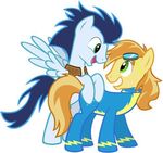  blue_feathers blue_hair braeburn_(mlp) duo earth_pony equine feathered_wings feathers feral friendship_is_magic fur green_eyes hair horse male mammal my_little_pony pegasus pony soarin_(mlp) wings wonderbolts_(mlp) 