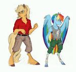  5_fingers anthro applejack_(mlp) artkino blonde_hair blue_feathers blue_fur clothed clothing duo earthsong9405 equine feathered_wings feathers female friendship_is_magic fur green_eyes green_feathers hair hooves mammal multicolored_hair muscular muscular_female my_little_pony orange_feathers orange_fur pegasus purple_feathers purple_hair rainbow_dash_(mlp) rainbow_hair red_feathers simple_background standing white_background wings yellow_feathers 
