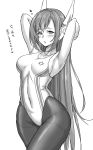  1girl absurdres armpits arms_behind_head blush collarbone commentary_request competition_swimsuit covered_navel cowboy_shot girls_frontline greyscale headgear hexagram highres long_hair monochrome muchabou one-piece_swimsuit pantyhose pantyhose_under_swimsuit robot_ears simple_background solo standing star_of_david swimsuit tar-21_(girls_frontline) thighband_pantyhose translation_request 