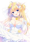  :d ahoge animal_ears bare_shoulders bell blonde_hair blue_eyes blush bow breasts bridal_veil cleavage dress elbow_gloves eyebrows eyebrows_visible_through_hair flower garuta_(yamcha) gloves hair_bow hair_flower hair_ornament large_breasts long_hair looking_at_viewer open_mouth original rose smile solo two_side_up veil wedding_dress white_bow white_dress white_gloves yamcha_(cocololi) yellow_flower yellow_rose 