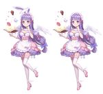  alternate_costume animal_ears apron blue_bow blush book bow breasts bunny_ears cake cleavage cup doughnut enmaided feathered_wings food garter_straps gloves hair_bow kemonomimi_mode large_breasts long_hair looking_at_viewer maid maid_headdress mio-muo1206 patchouli_knowledge purple_hair red_bow simple_background sleeveless smile solo teacup thighhighs touhou white_background white_gloves white_legwear wings wrist_cuffs zettai_ryouiki 