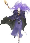 braid cape caster dmtwd dress fate/stay_night fate_(series) floating_hair gloves highres long_dress long_hair pointy_ears purple_eyes purple_hair side_braid solo staff white_background 