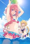  1other 2girls alternate_costume androgynous armpits astolfo_(fate) ball beachball bikini bikini_skirt blonde_hair blue_eyes braid breasts chevalier_d'eon_(fate/grand_order) choker citron_82 cloud cloudy_sky day fate/apocrypha fate/grand_order fate_(series) front-tie_top hair_between_eyes hair_ribbon hand_on_own_cheek highres jeanne_d'arc_(fate) jeanne_d'arc_(fate)_(all) long_hair looking_at_viewer marie_antoinette_(fate/grand_order) marie_antoinette_(swimsuit_caster)_(fate) medium_breasts multiple_boys multiple_girls navel one-piece_swimsuit open_mouth otoko_no_ko outstretched_hand pink_hair purple_bikini purple_eyes ribbon side-tie_bikini side_braid sidelocks single_braid sky small_breasts standing sun sunlight surprised swimsuit thighs tress_ribbon wading 