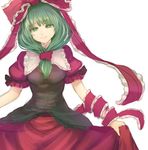  :&gt; frills green_eyes green_hair hair_ribbon kagiyama_hina ribbon skirt_hold solo terrajin touhou white_background wrist_ribbon 